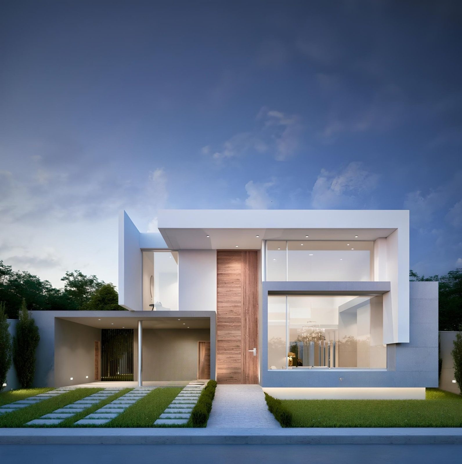 Casa contemporánea al atardecer con acceso de madera