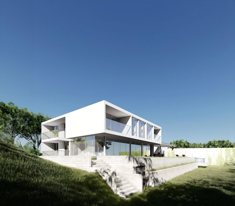 Render de villa minimalista rodeada de jardín