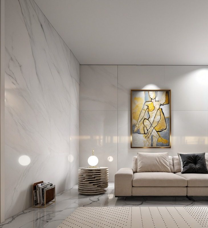 Salón de vivienda con frente de mármol